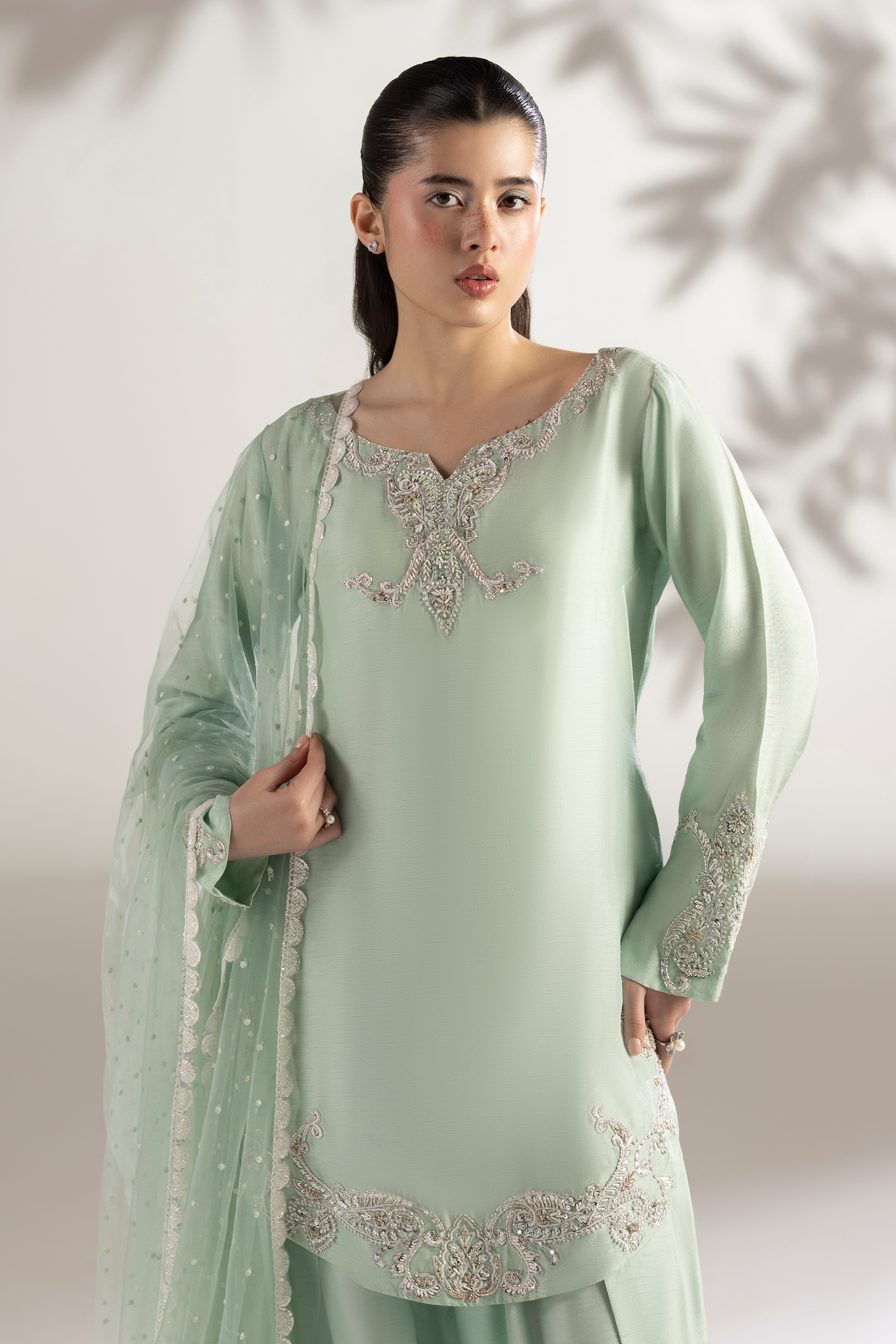 Mint & white - Hand Embellished Raw Silk 3 piece