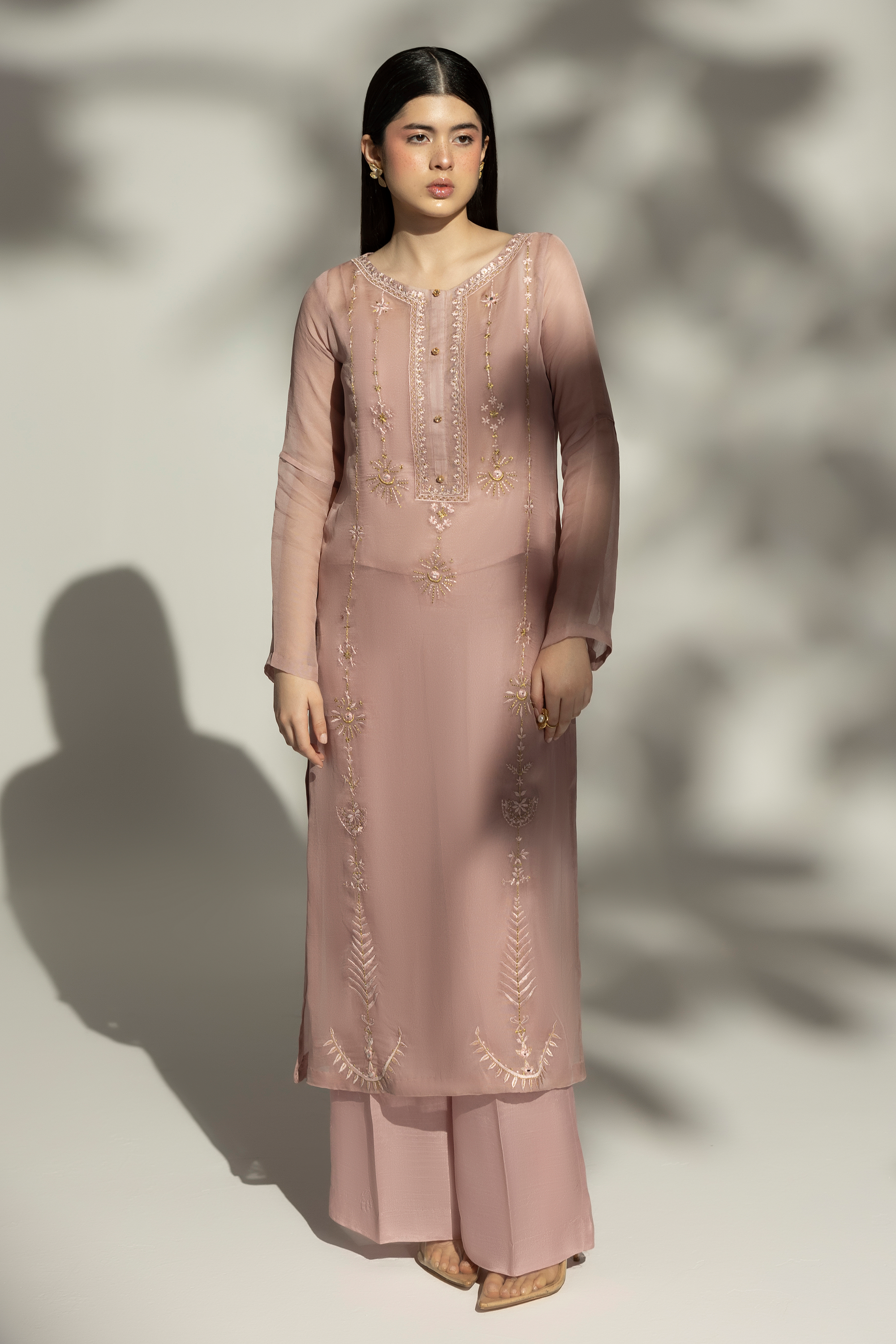 Hush of Rose - Silver Gold Embroidered Georgette Net 3 piece