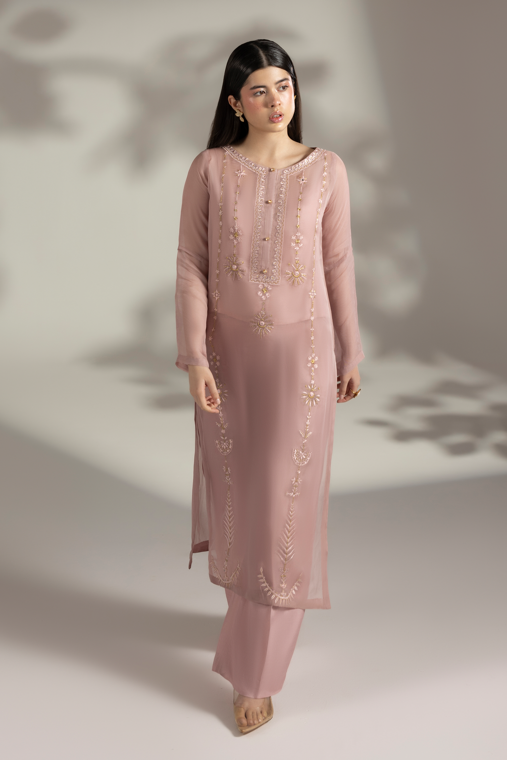 Hush of Rose - Silver Gold Embroidered Georgette Net 3 piece