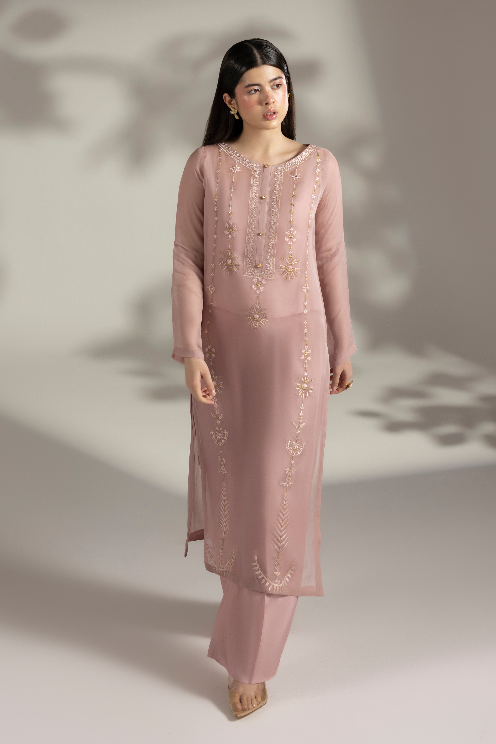 Hush of Rose - Silver Gold Embroidered Georgette Net 3 piece