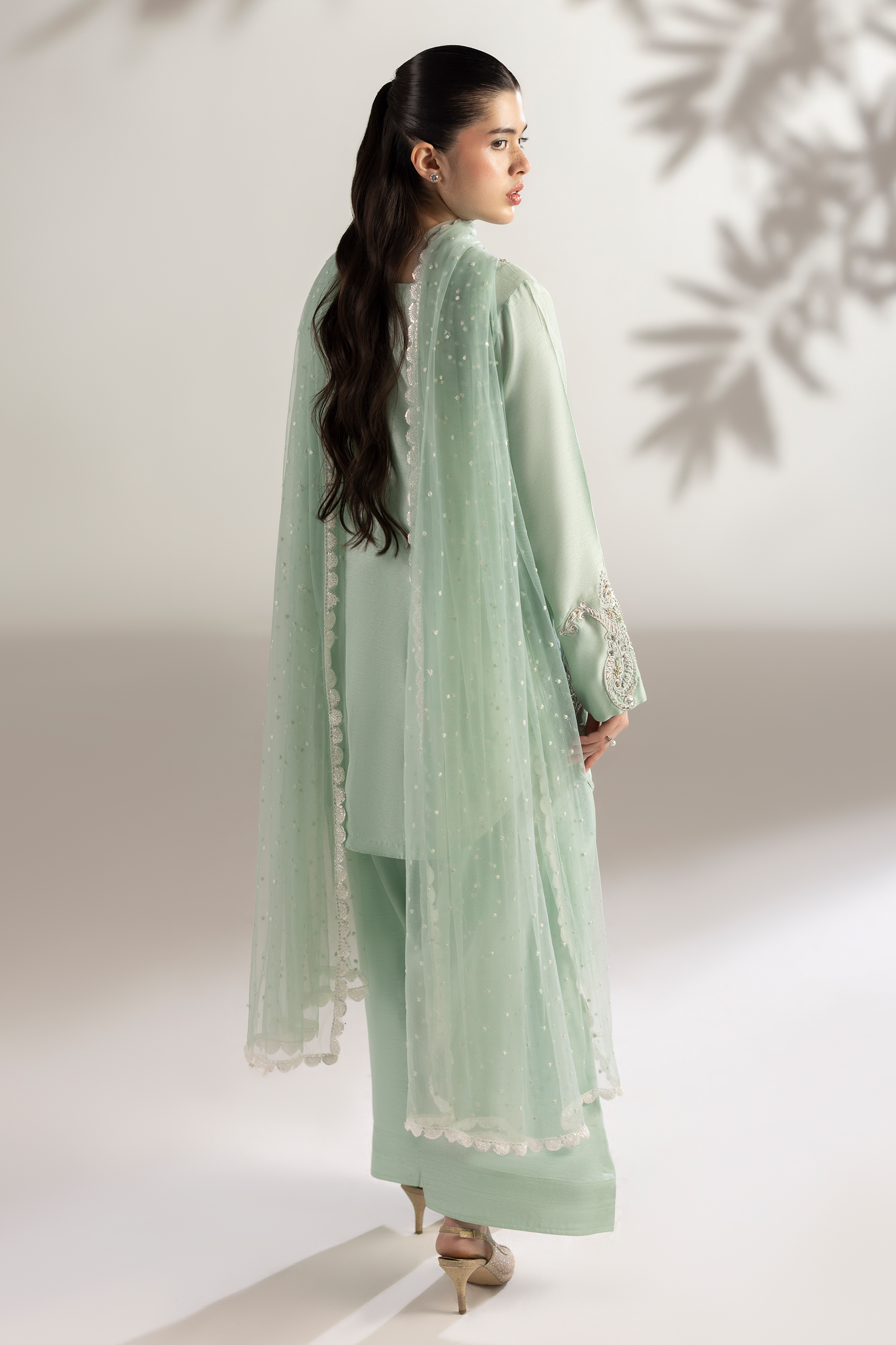 Mint & white - Hand Embellished Raw Silk 3 piece