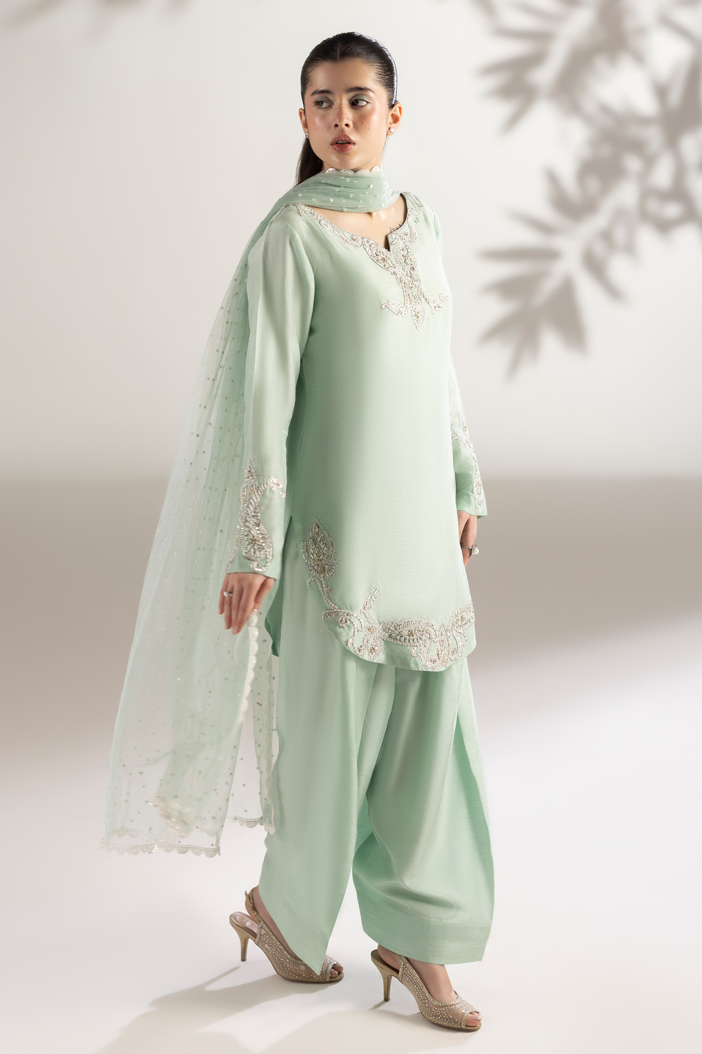 Mint & white - Hand Embellished Raw Silk 3 piece