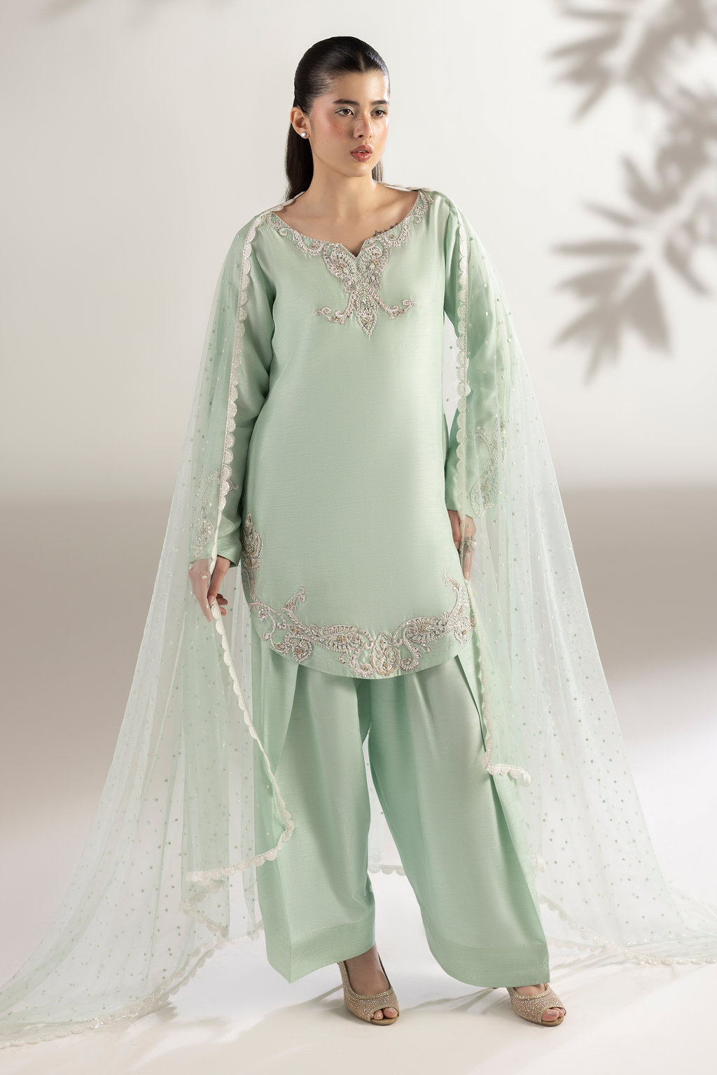 Mint & white - Hand Embellished Raw Silk 3 piece